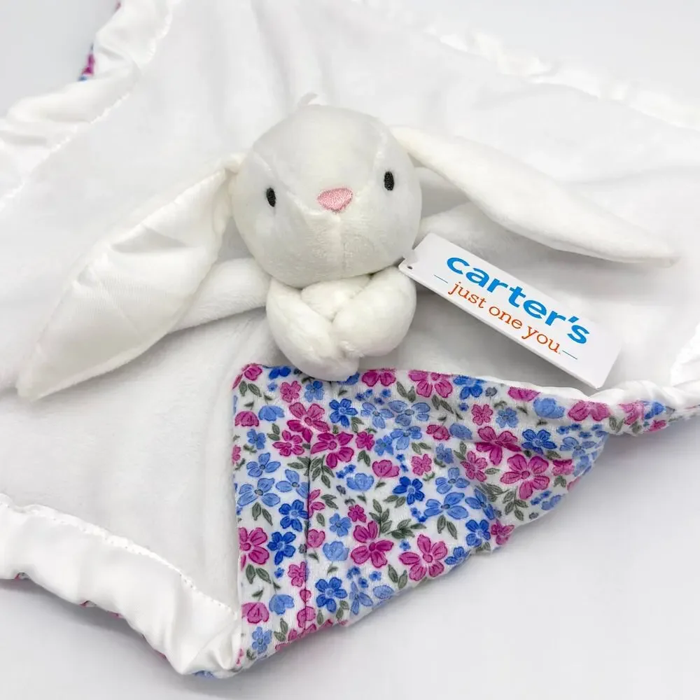 Carter’s White w/ Pink & Blue Flowers Floral Bunny Baby Security Blanket NEW